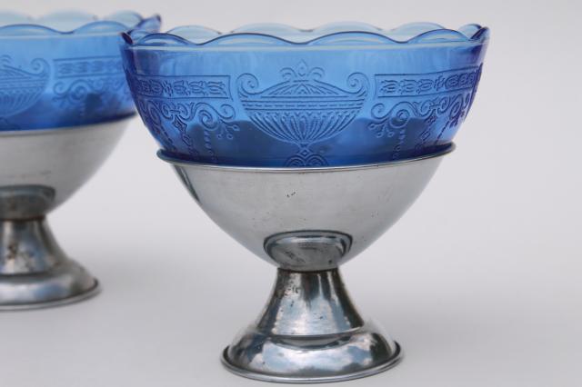 vintage cobalt blue depression glass sherbet dishes, glass bowls w/ metal holders