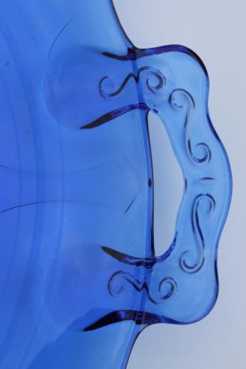 vintage cobalt blue glass cake plate w/ handles Mt Pleasant depression glass 