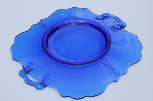 vintage cobalt blue glass cake plate w/ handles Mt Pleasant depression glass 