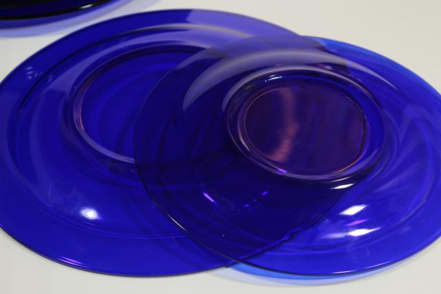 vintage cobalt blue glass dishes, dinner and salad plates set for 4