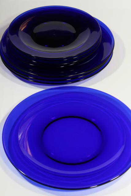 vintage cobalt blue glass dishes, dinner and salad plates set for 4