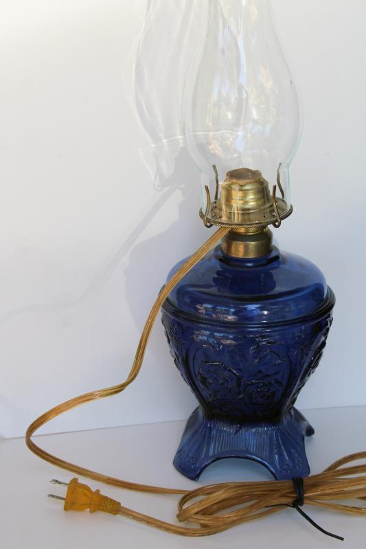 vintage cobalt blue glass kerosene lamp reproduction, hurricane shade electric light