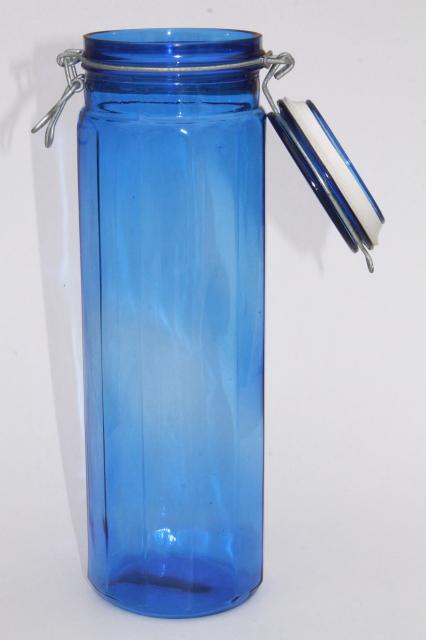 vintage cobalt blue glass kitchen canister, tall spaghetti jar, 80s retro