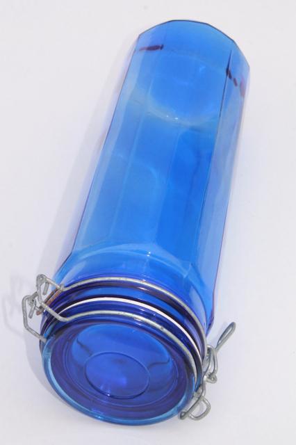 vintage cobalt blue glass kitchen canister, tall spaghetti jar, 80s retro