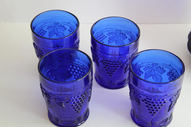 vintage cobalt blue glass lemonade set pitcher & tumblers, Mosser grape & cable pattern