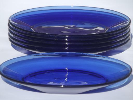 vintage cobalt blue glass plates, salad plates or dessert plates set.