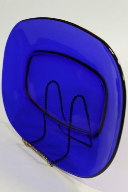 vintage cobalt blue glass platter, sapphire Bormioli Rocco Rondo oblong cabochon shape