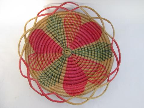 vintage coiled basketry sewing basket, Indian souvenir from Mexico