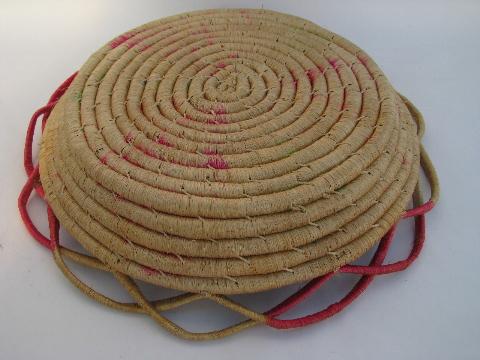 vintage coiled basketry sewing basket, Indian souvenir from Mexico