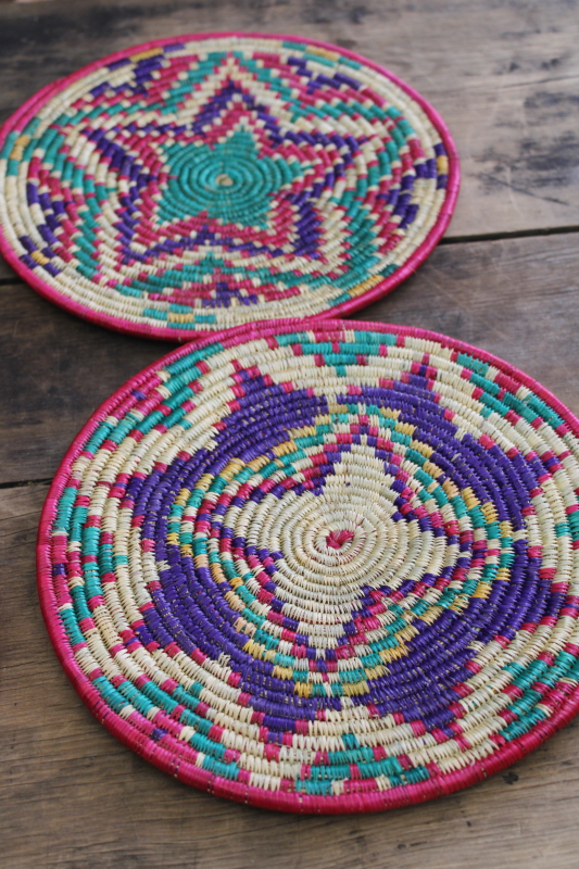 vintage coiled grass basket placemats w/ southwest style designs, six mats  trivet