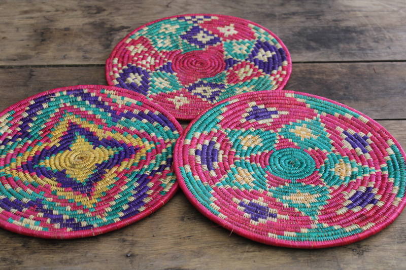 vintage coiled grass basket placemats w/ southwest style designs, six mats  trivet