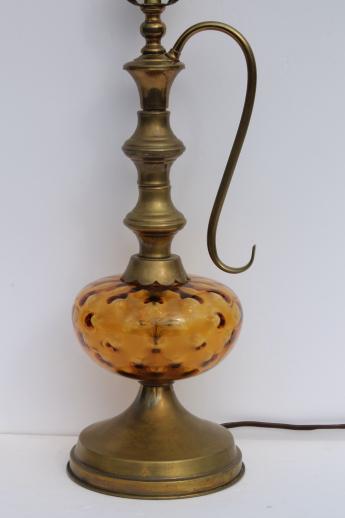 vintage coin dot amber glass lamp w/ brass ewer handle lamp base, colonial style