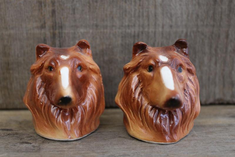 vintage collie dog figural S&P set, hand painted Japan ceramic salt and pepper shakers