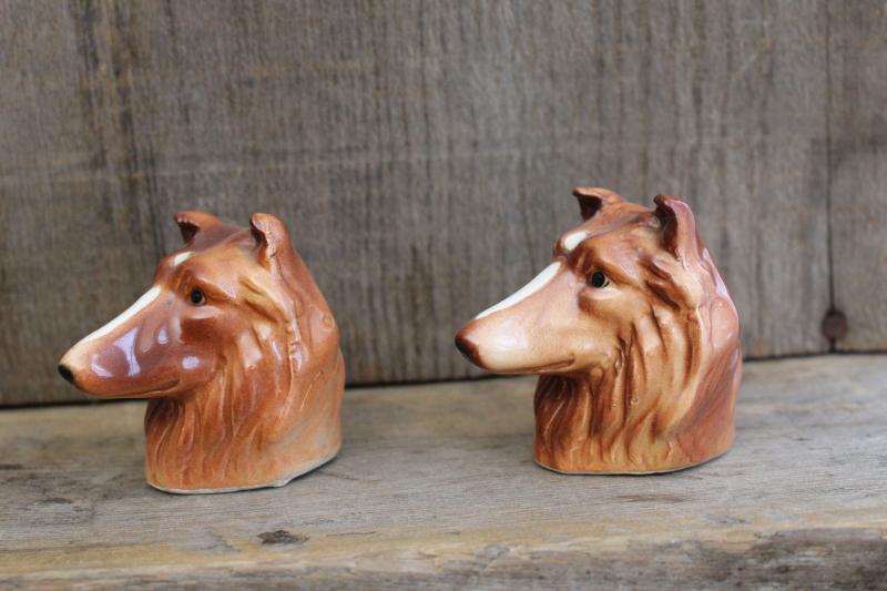 vintage collie dog figural S&P set, hand painted Japan ceramic salt and pepper shakers