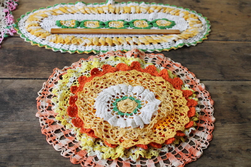 vintage colored cotton crochet doilies, bright and pastel colors lace doily lot