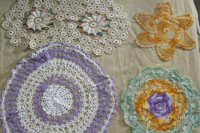 vintage colored cotton crochet doilies, retro candy colors lace doily lot