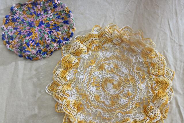 vintage colored cotton crochet doilies, retro candy colors lace doily lot