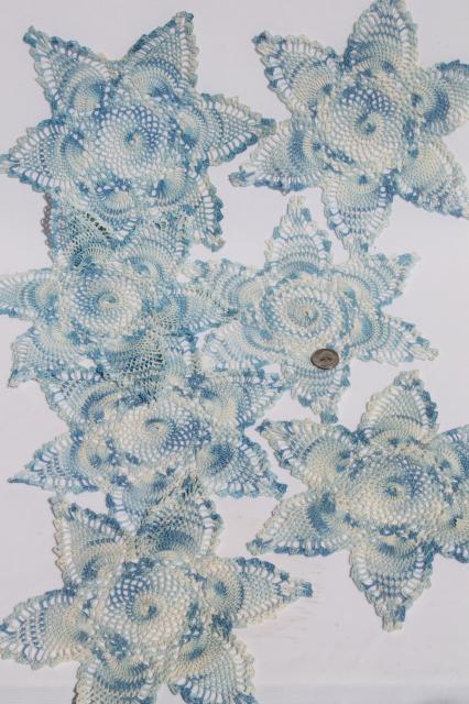 vintage colored cotton crochet lace doilies, large lot crocheted star flower motifs