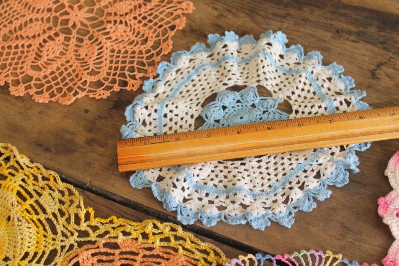 vintage colored cotton crocheted doilies, hippie bohemian crochet lace doily lot