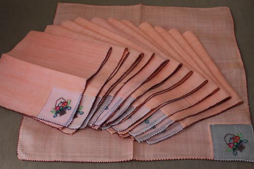 vintage colored linen tea napkins, petit point embroidery on fine handkerchief linen