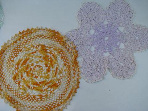 vintage colored thread crocheted doilies, old crochet lace doily lot