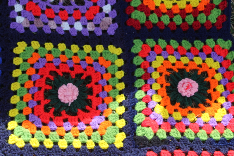 vintage colorful crochet afghan, lazy daisy granny square blocks hippie throw blanket