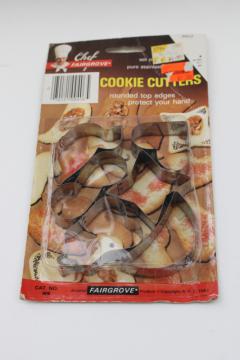 vintage cookie cutter set in original package dated 1980, stainless metal cookie cutters