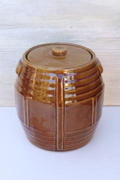 vintage cookie jar crock, brown barrel stoneware pottery, large canister jar