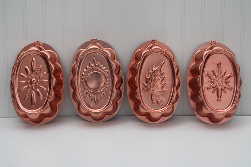 vintage copper aluminum jello molds set, four seasons Spring Summer Fall Winter w/ wall hanging hooks