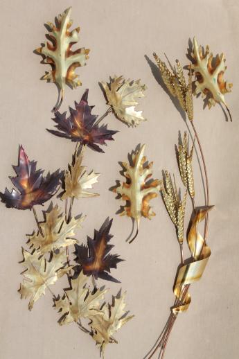 vintage copper & brass metal wall art for fall, autumn leaves & wheat sheaf