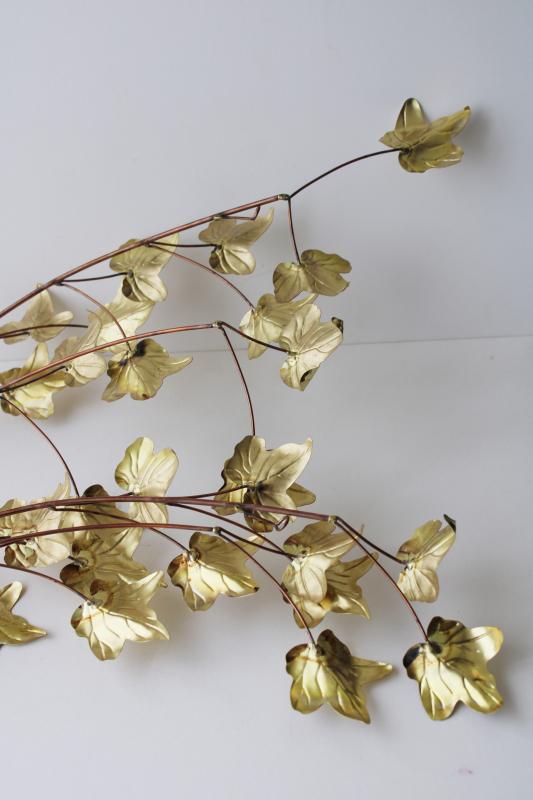 vintage copper and brass metal art wall plaques, leaf branches, ivy leaves