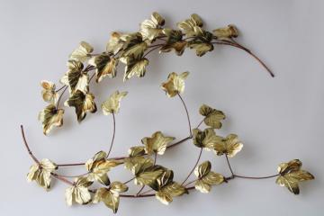 vintage copper and brass metal art wall plaques, leaf branches, ivy leaves