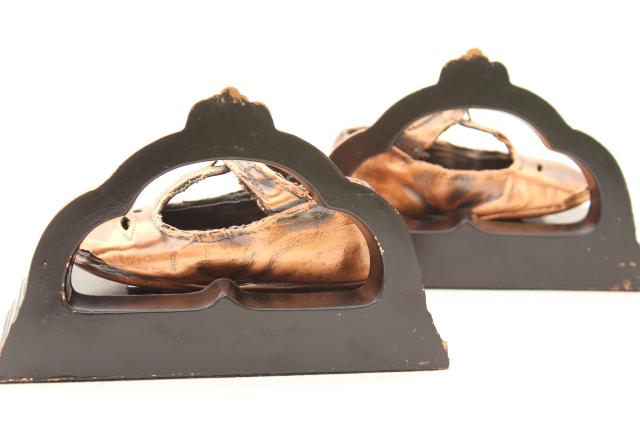 vintage copper baby shoes, pair of bookends w/ little mary janes
