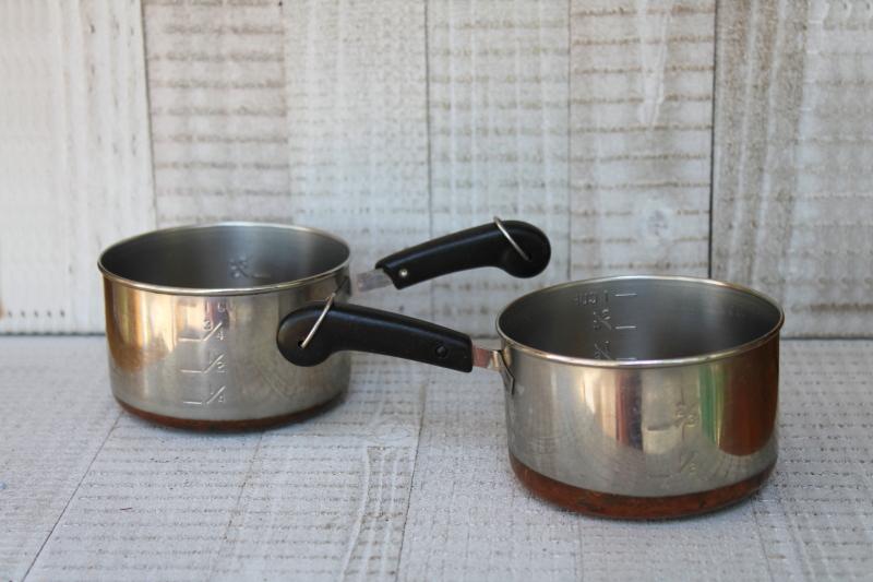 vintage copper bottom Revere Ware sauce pans, tiny one cup toy kitchen size working cookware