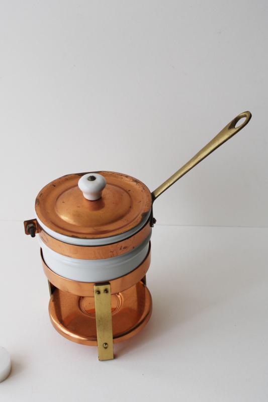 vintage copper & brass sauce warmer, tiny chafing dish w/ candle stand, ironstone pan