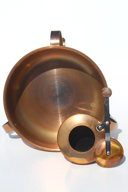 vintage copper chafing dish, large pan w/ burner warmer, buffet server or fondue pot 