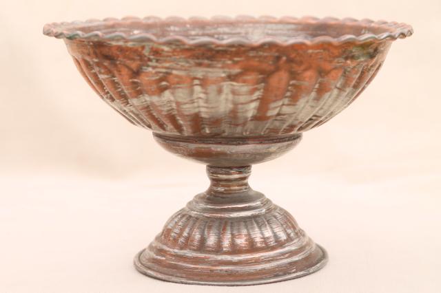 vintage copper flower bowl, rustic silver wash pedestal centerpiece for fall harvest decor