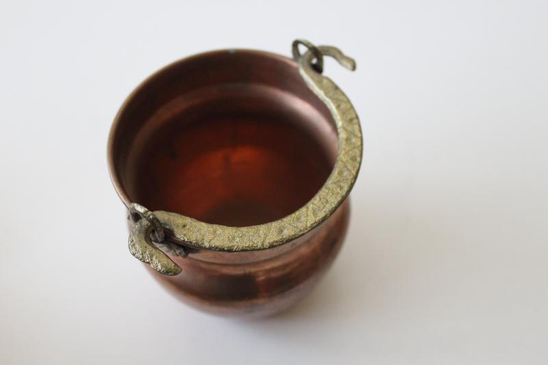 vintage copper kettle pot w/ brass handle, doll size pail or tiny planter