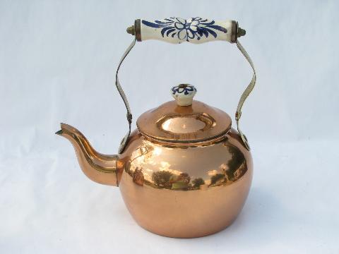 vintage copper kitchen tea kettles, teapot lot of two