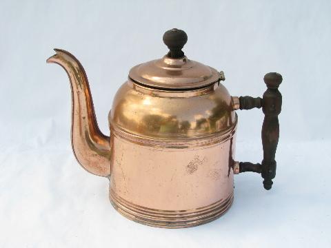 vintage copper kitchen tea kettles, teapot lot of two