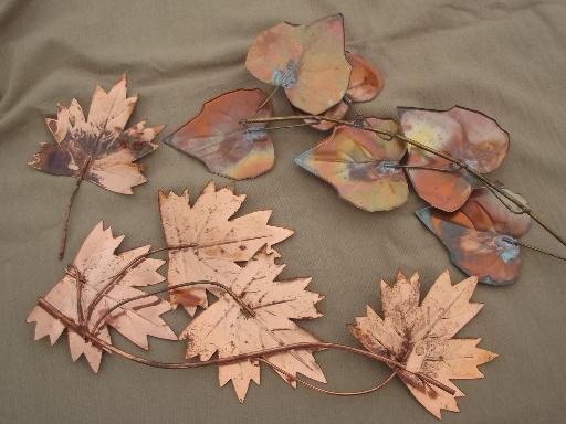 vintage copper metal art  sculpture, autumn leaf, leaves for wall or door
