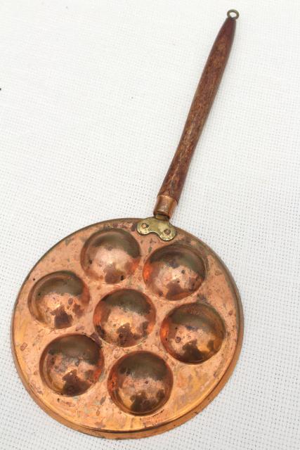 vintage copper mold, aebleskiver dumpling pan w/ long wood handle