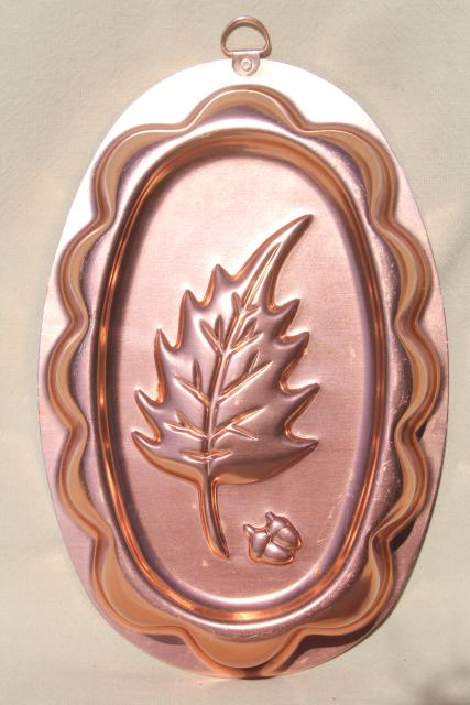 vintage copper pink aluminum jello mold, autumn oak leaf & acorn for Thanksgiving