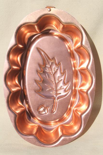 vintage copper pink aluminum jello mold, autumn oak leaf & acorn for Thanksgiving