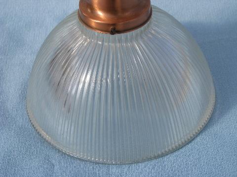 vintage copper plate ceiling light fixture w/ prismatic ribbed glass shade