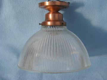 vintage copper plate ceiling light fixture w/ prismatic ribbed glass shade