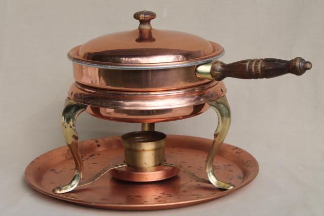 vintage copper serving tray & chafing dish set, warming stand w/ bain marie water bath