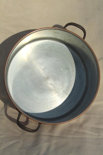 vintage copper stockpot w/ brass handles, big deep soup pot 3 qt size