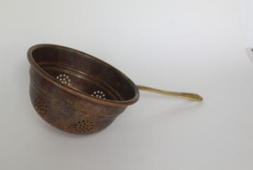 vintage copper strainer basket w/ brass handle, kitchen colander bowl scoop