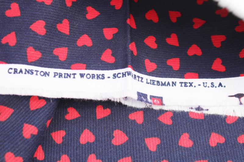 vintage corded weave cotton fabric, Cranston print red hearts on navy blue